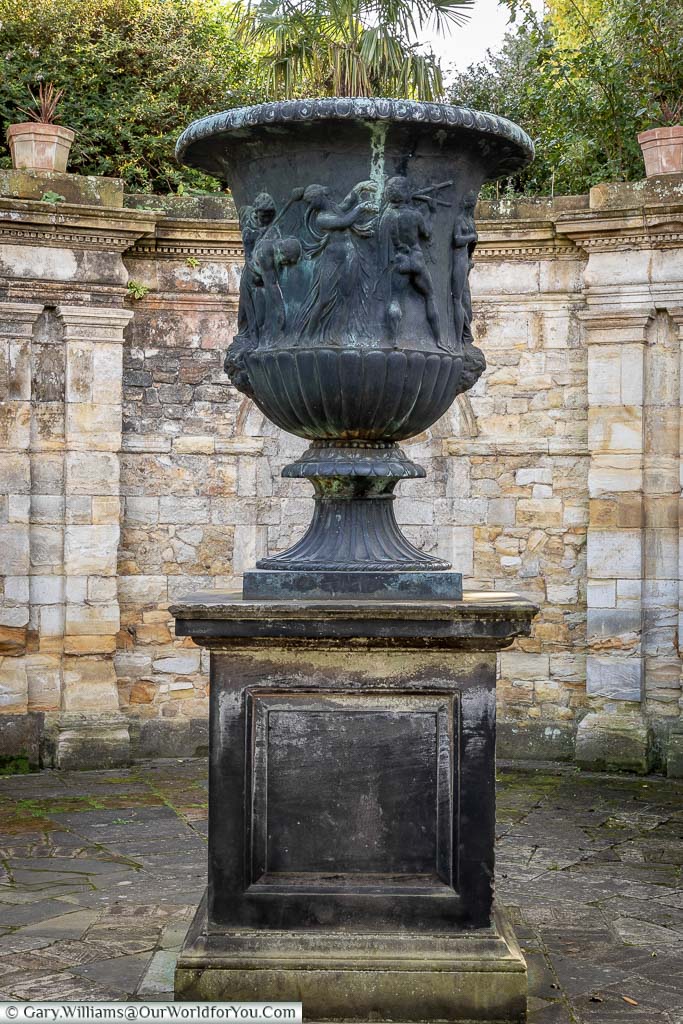 A large cast bronze urn in the Italian Garden at Hever Castle