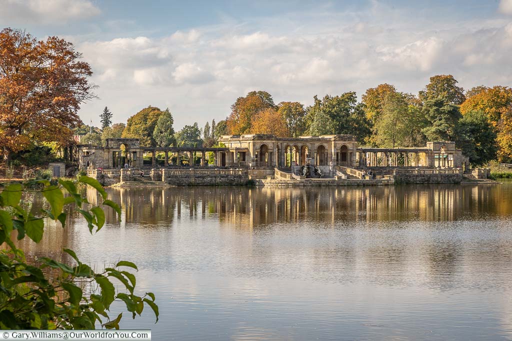 The view from the lake edge of Hever Castle towards the Italian styled Loggia