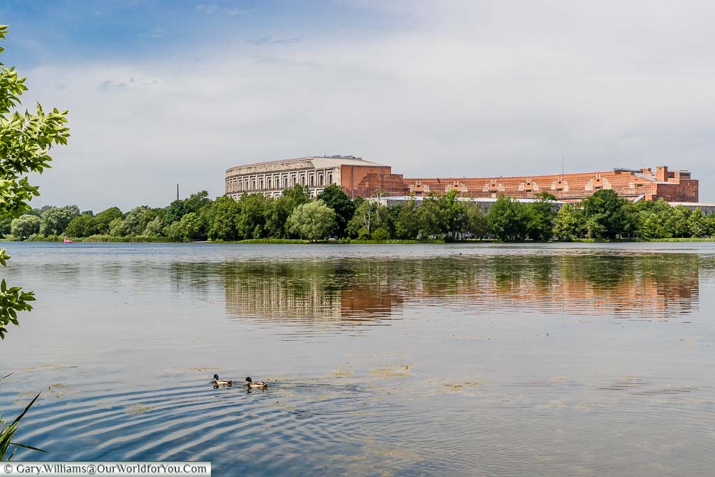Ducks on the Dutzendteich Lake in front of the Nazi Party Congress Hall.