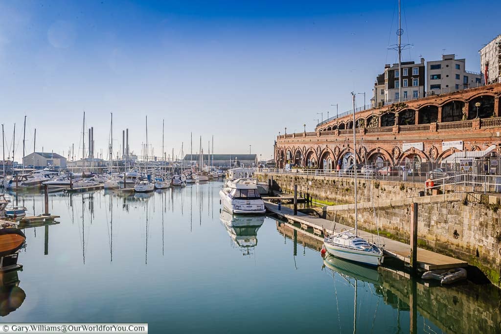 The marina in Ramsgate's Royal Harbour, alongside the red brick Royal Parade.