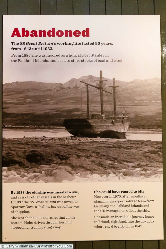 A poster of the SS Great Britain scuttled on the Falkland Islands with the story of its neglect, titled 'Abandoned'