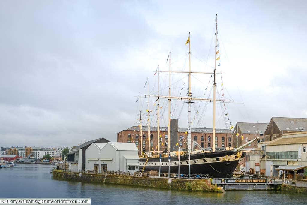 A view of SS Great Britain in the dry dock on the southern bank of Bristol Harbour