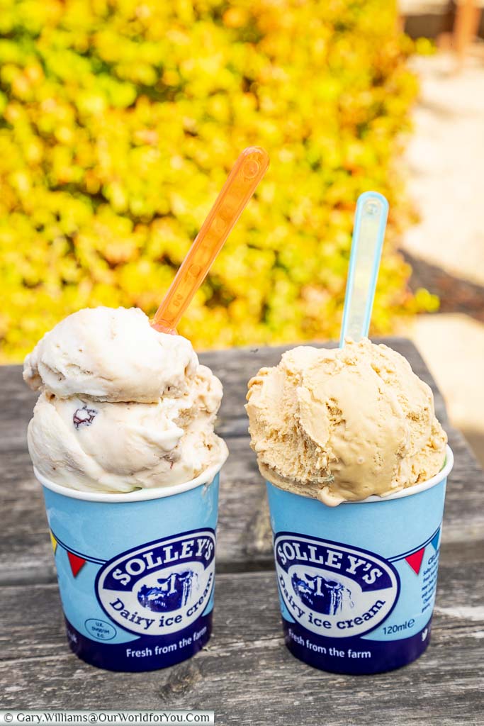 Two tubs of Solley's ice-cream at the cafe in Hever Castle in Kent