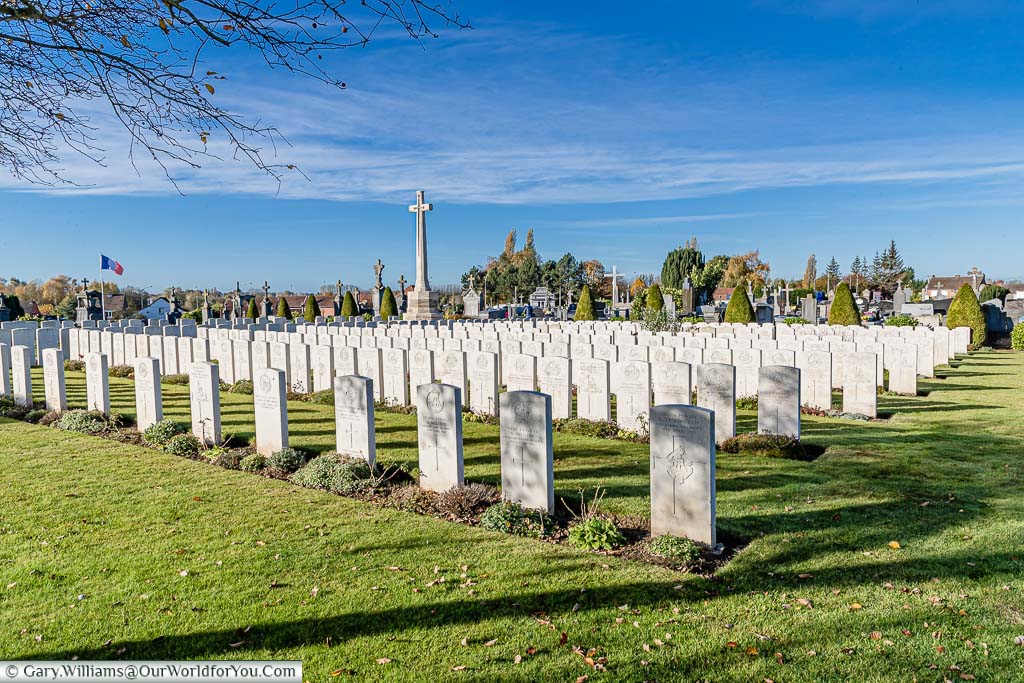 The view across the Commonwealth War Graves at the Aire Communal Cemetery, France