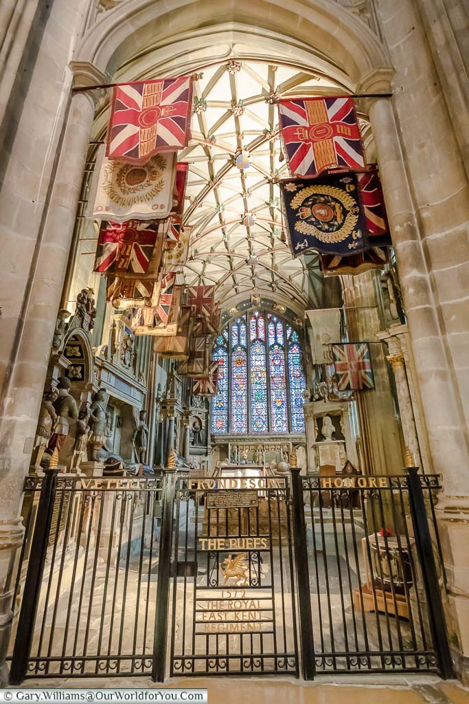 Regimental banners hanging in the Buffs chapel in Canterbury Cathedral