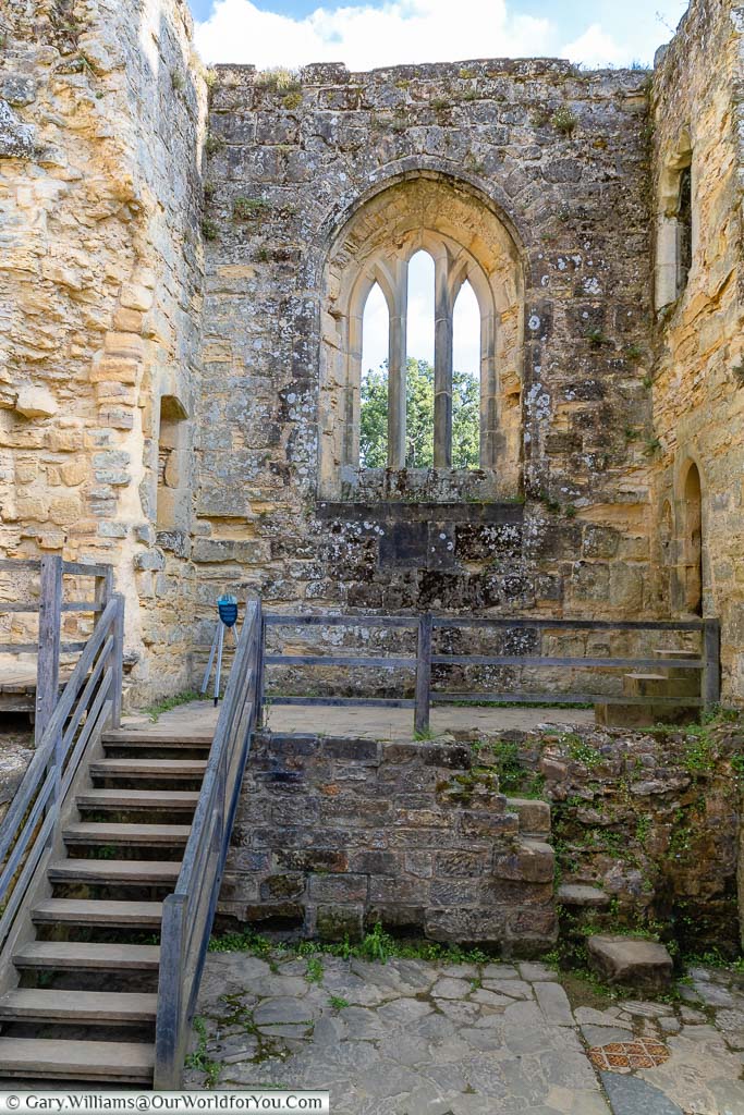 The stone chapel windows set in the exterior walls of Bodiam Castle