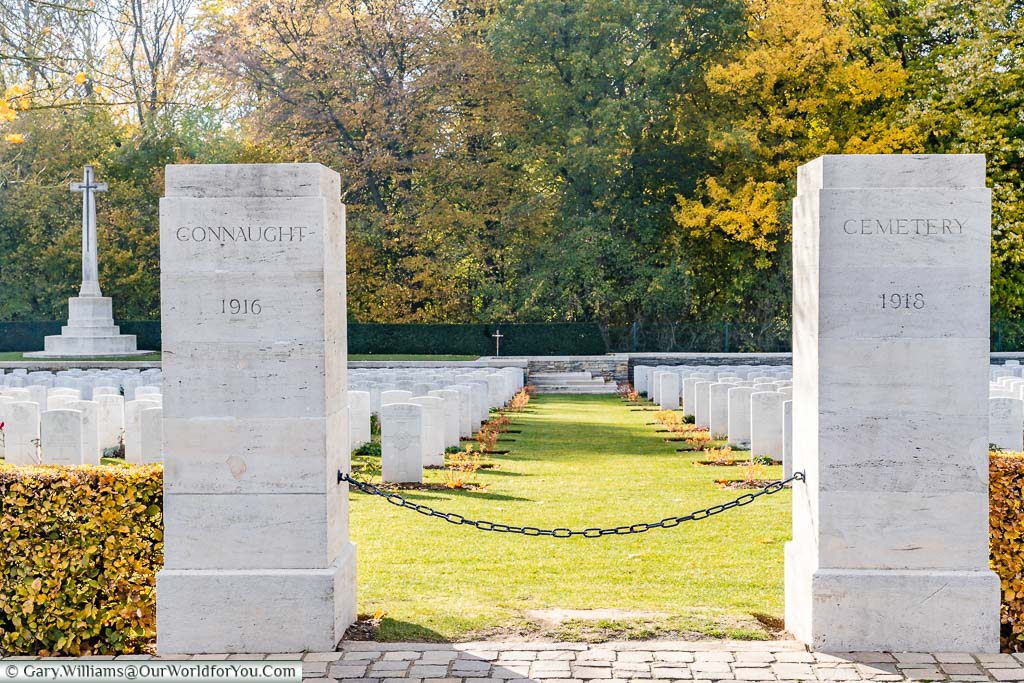 The entrance gates to the Commonwealth War Graves Commission Connaught Cemetery in the Somme, France