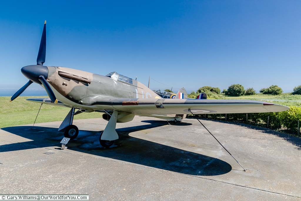 A full size replica of a world war two Hurricane outside at the Battle of Britain Memorial at Capel-le-Ferne, Kent,