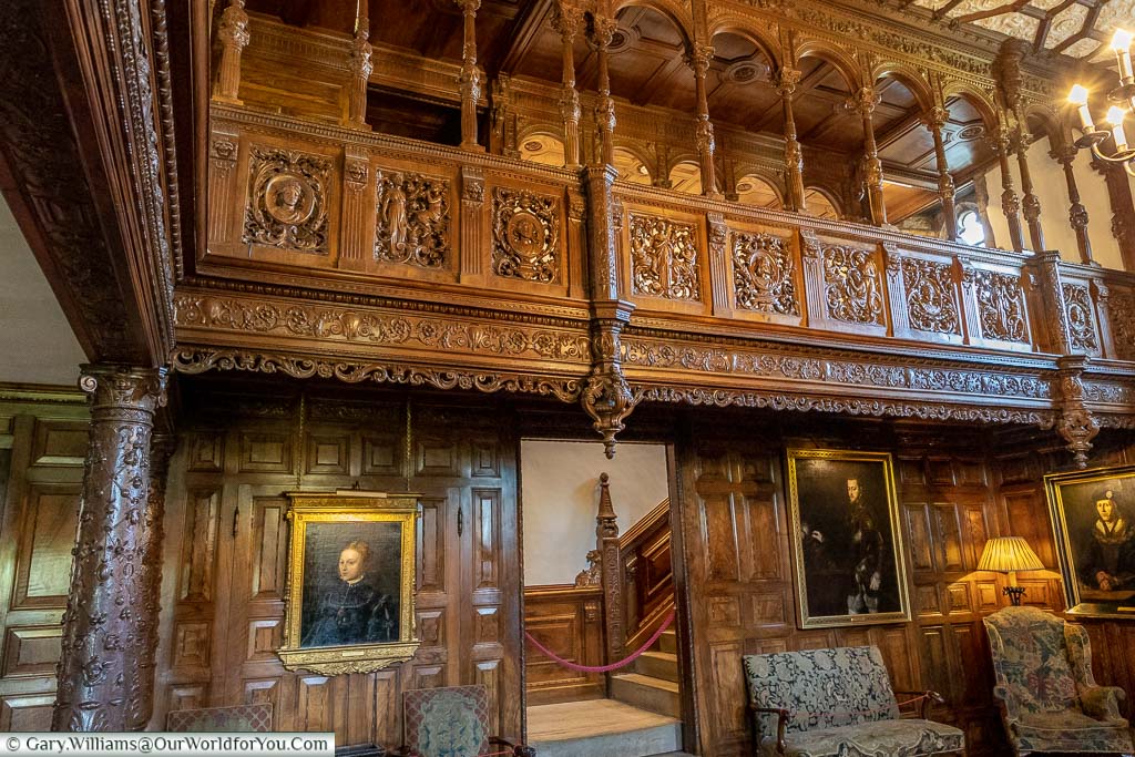 The Inner Hall of Hever Castle, with its Italian walnut panelling and columns.
