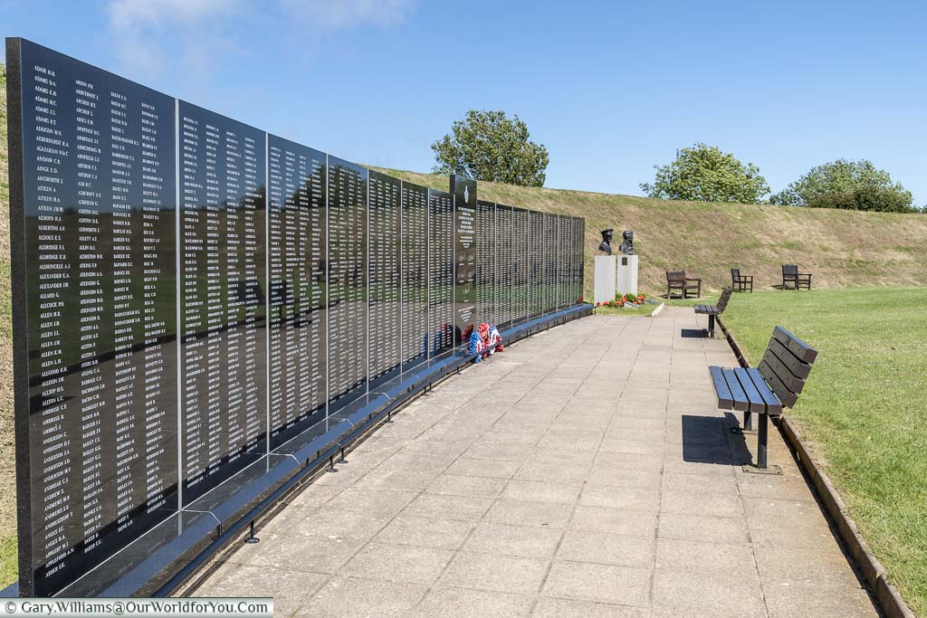 A look along the memorial wall at the Battle of Britain Memorial in Capel-le-Ferne, Kent