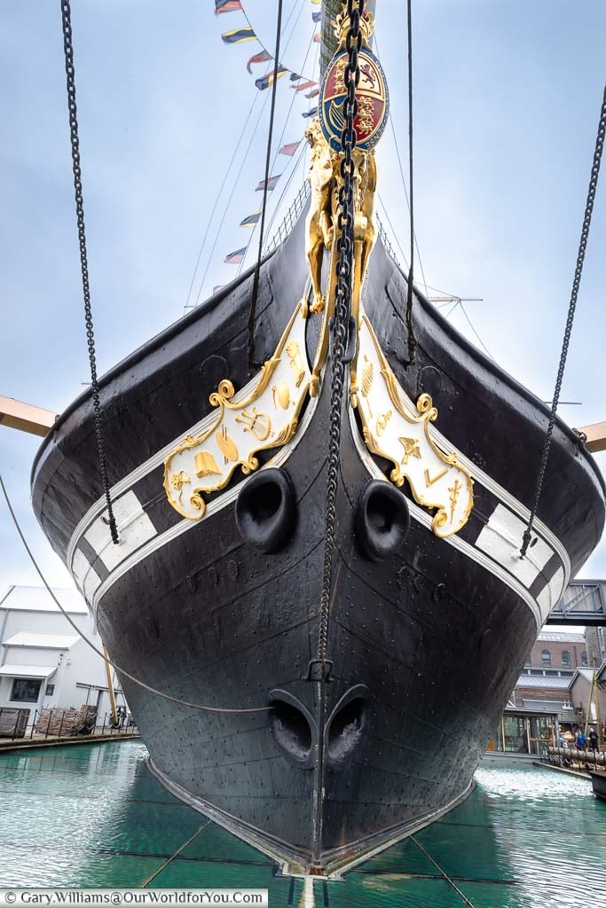 Looking back at the bow of the SS Great Britain in its dry dock in Bristol Harbour
