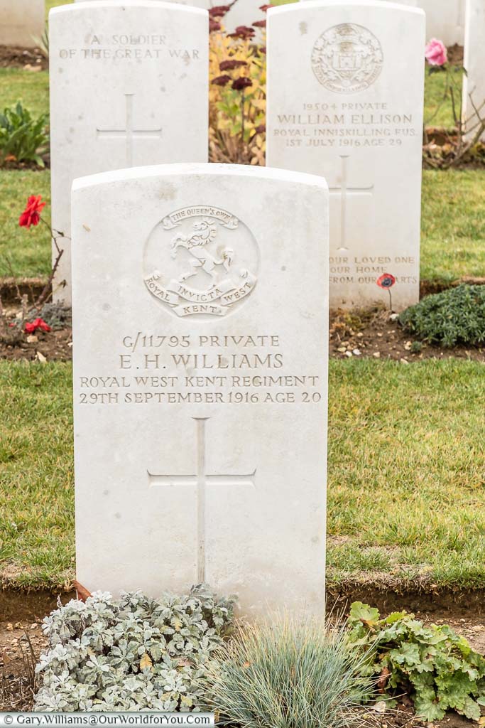 The headstone of Ernest Henry Williams in Connaught Military Cemetery in the Somme, France