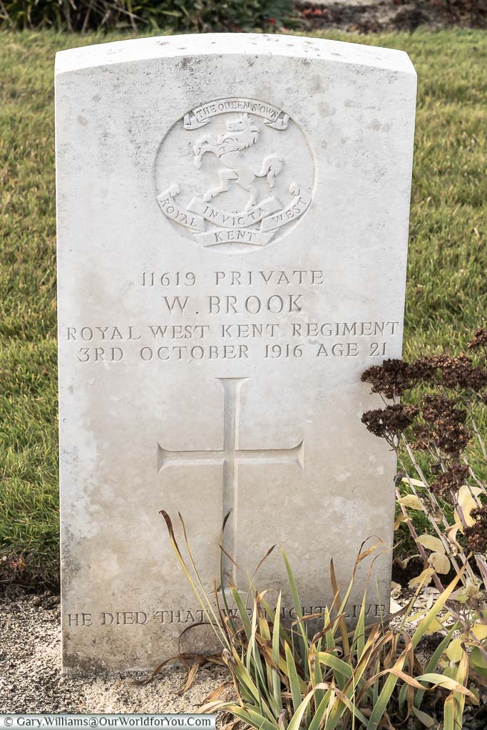 The headstone to Private William Brook in the Warloy-Baillon Communal Cemetery in the Somme region of France