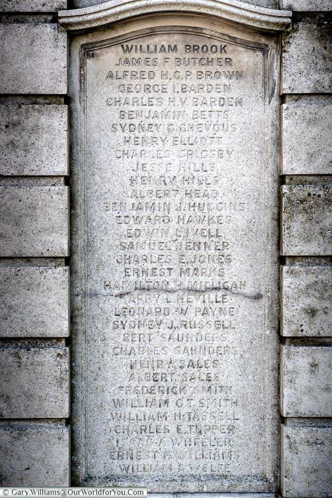 The list of names on the Eccles War Memorial from the first world war carved in stone on the Eccles War Memorial