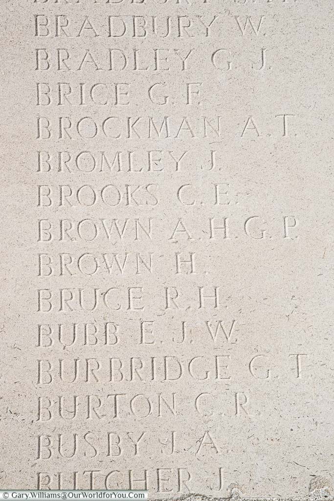 Alfred Brown's name carved into the Portland stone of the Loos Memorial in France