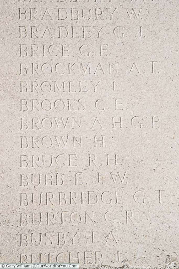 Alfred Brown's name carved into the Portland stone of the Loos Memorial in France