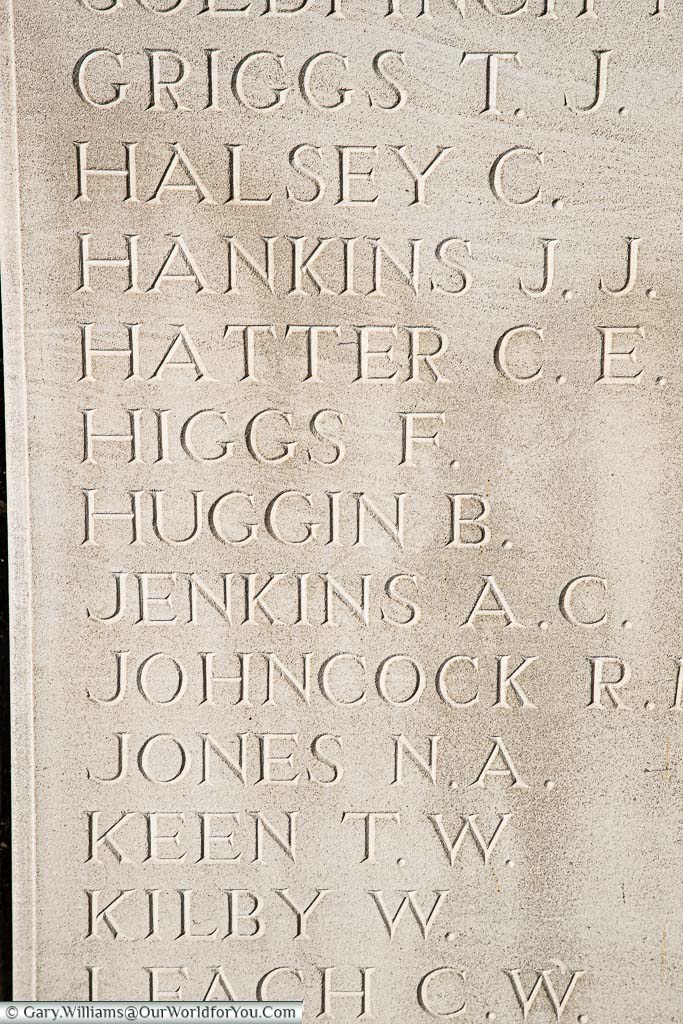 Benjamin Huggins's name carved into the Portland stone of the Loos Memorial in France