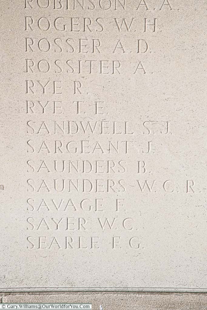 Bert Saunders remembered on the Memorial wall of Loos Military Cemetery, France