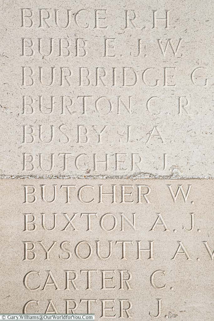 James Butcher's name carved into the Portland stone of the Loos Memorial in France