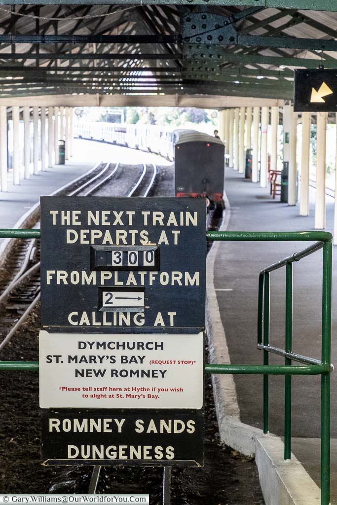 The departure board of the Romney, Hythe & Dymchurch Miniature Railway at Hythe station