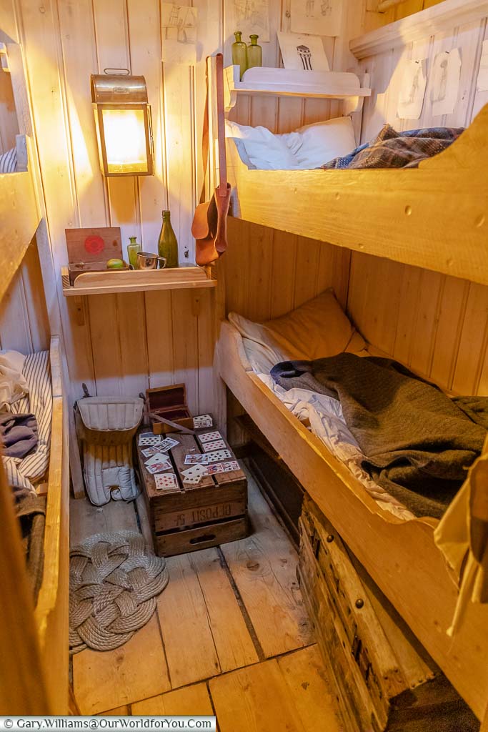 A view of a small steerage cabin comprising of four bunks on board SS Great Britain.