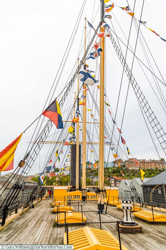 A view of the rigging adorned with semaphore flags, on the upper deck of the SS Great Britain