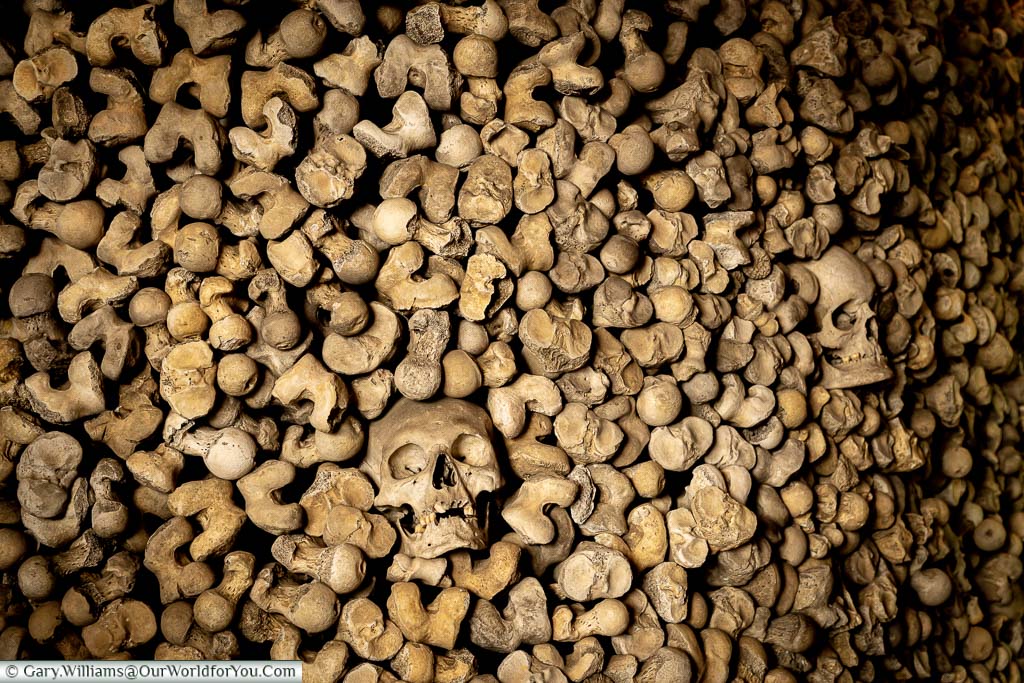 A close up of a collection of bones from the ossuary at St. Leonard’s Church and Crypt in Hythe