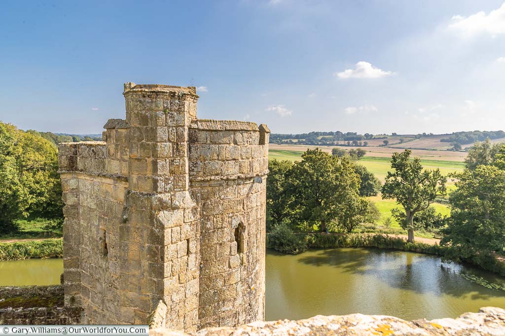 The view from the Postern Tower of Bodiam Castle to the south-eastern tower and the countryside of East Sussex beyond