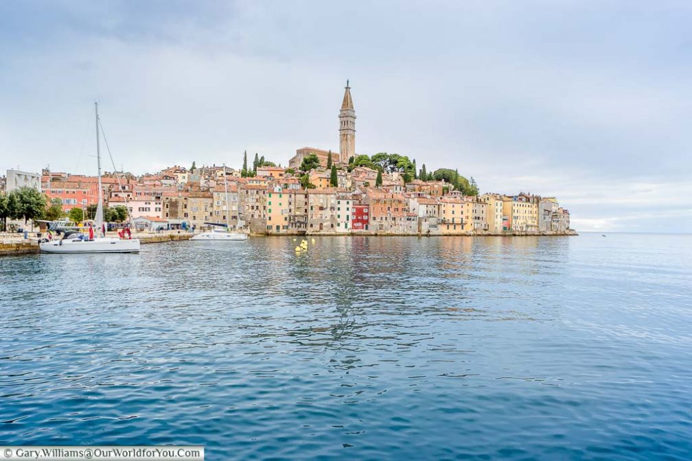 The view from the harbour, across the water to the Croatian coastal town of Rovinj on the Istrian peninsula