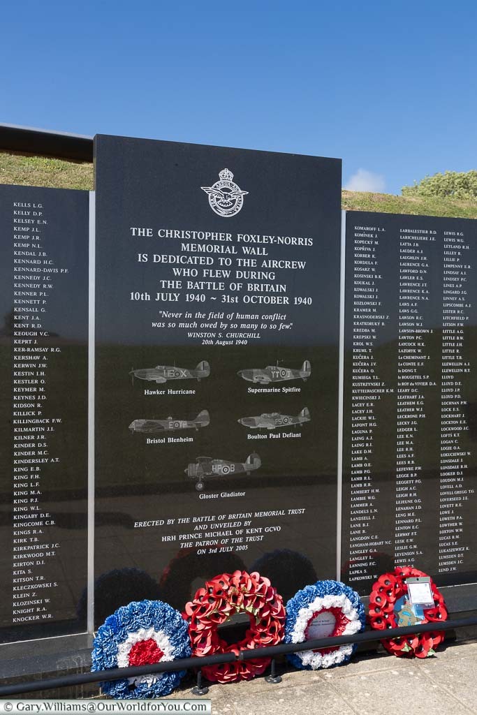 The centrepiece of the black granite memorial wall at the Battle of Britain Memorial in Capel-le-Ferne, Kent