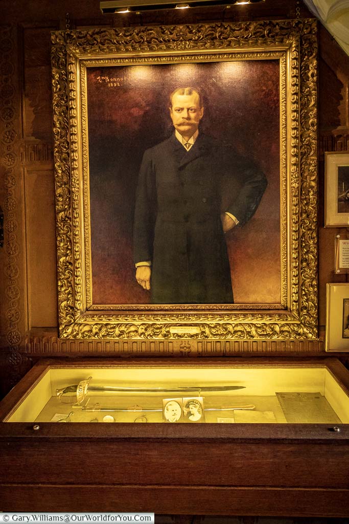 An oil painted portrait of William Waldorf Astor on the wall of the study at Hever Castle in Kent