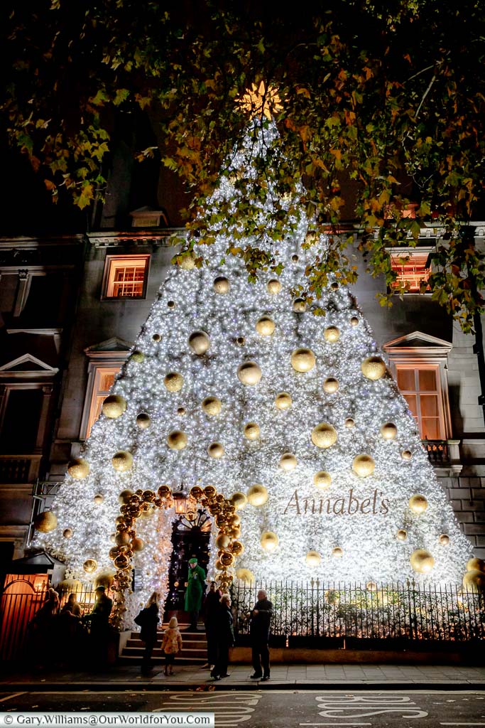 The massive Christmas Tree facade to Annabel’s Private Member’s club at dusk. This year’s display is a white Christmas tree, decorated with golden baubles, topped with a golden star.