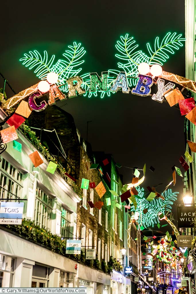 The vibrant Carnaby Street in London decorated for Christmas