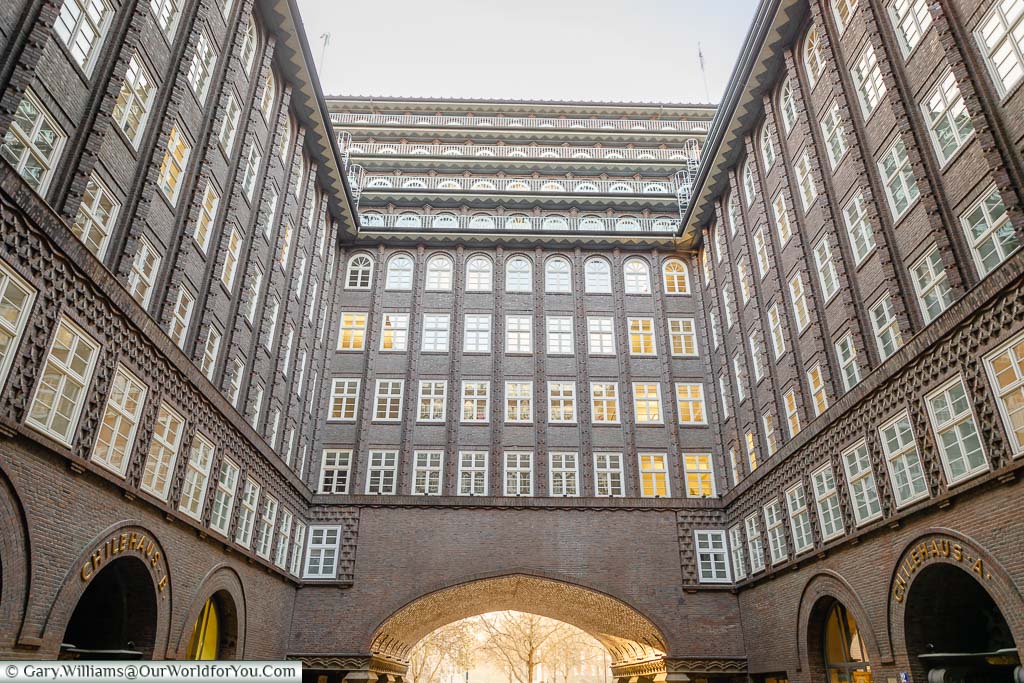 The inside courtyard of the art deco Chilehaus building in Hamburg