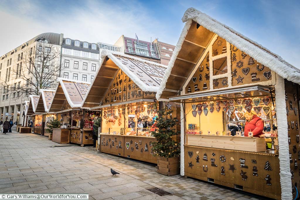 Gingerbread styled cabins in Hamburg's Gänsemarkt Christmas Market
