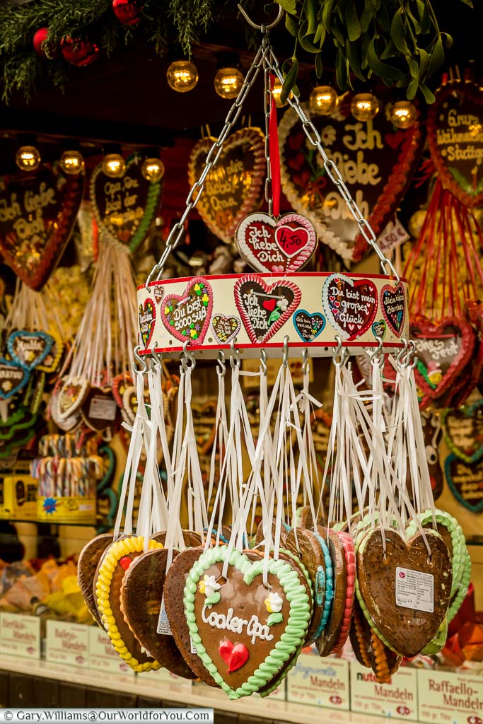 A selection of Gingerbread hearts hanging from a stall in one of Stuttgart's Germany Christmas Market