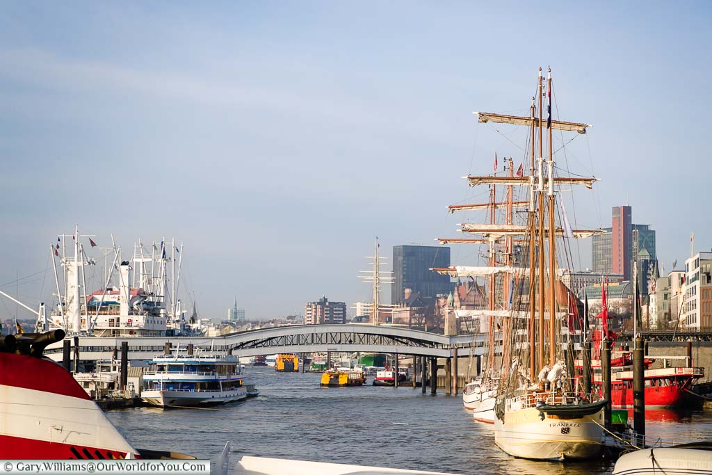 A view of Hamburg's bustling harbour with its mix of different ships & boats