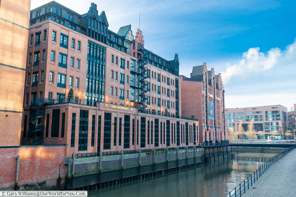 Iconic buildings in the Speicherstadt warehouse district of Hamburg.