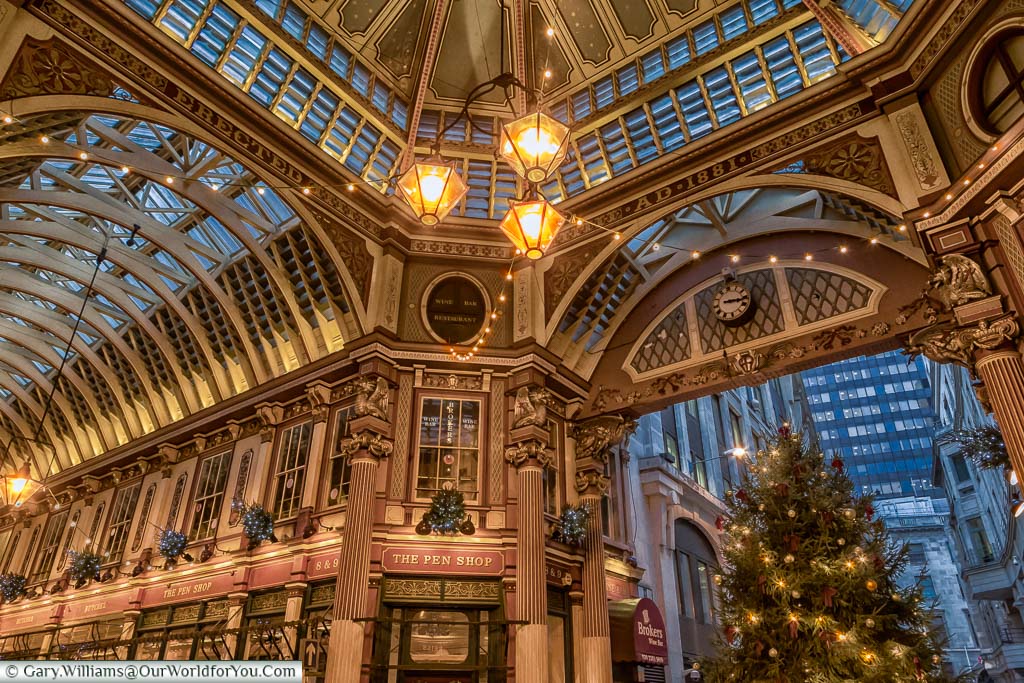 The Christmas tree at the centre of the ornate Leadenhall Market in the City of London