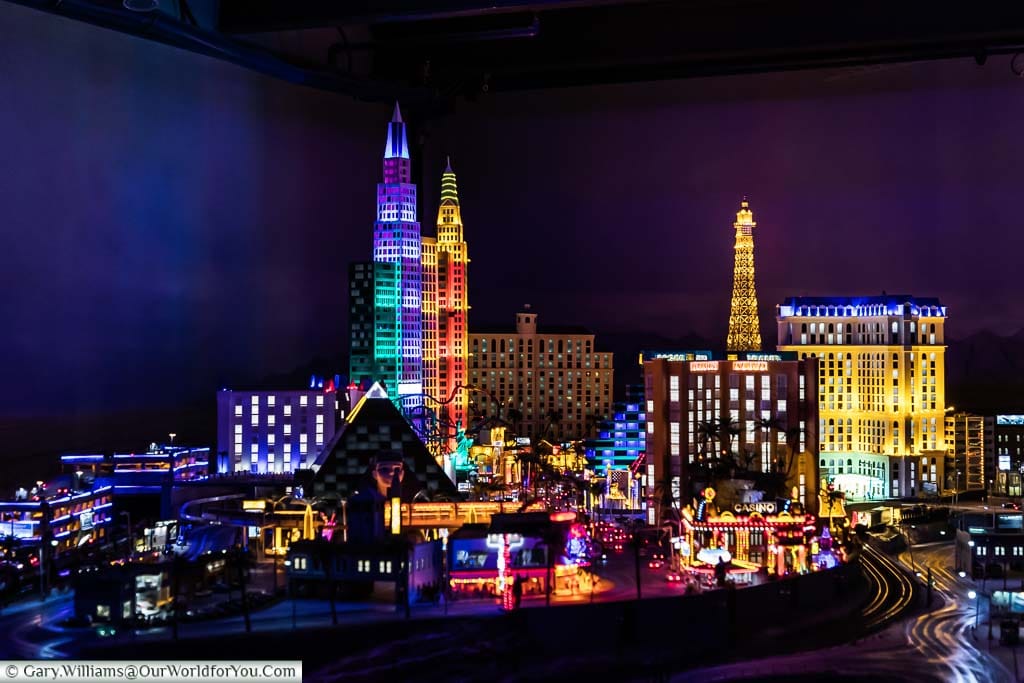 The Las Vegas section in Miniatur Wunderland, illuminated during its night phase, in Hamburg's Speicherstadt district