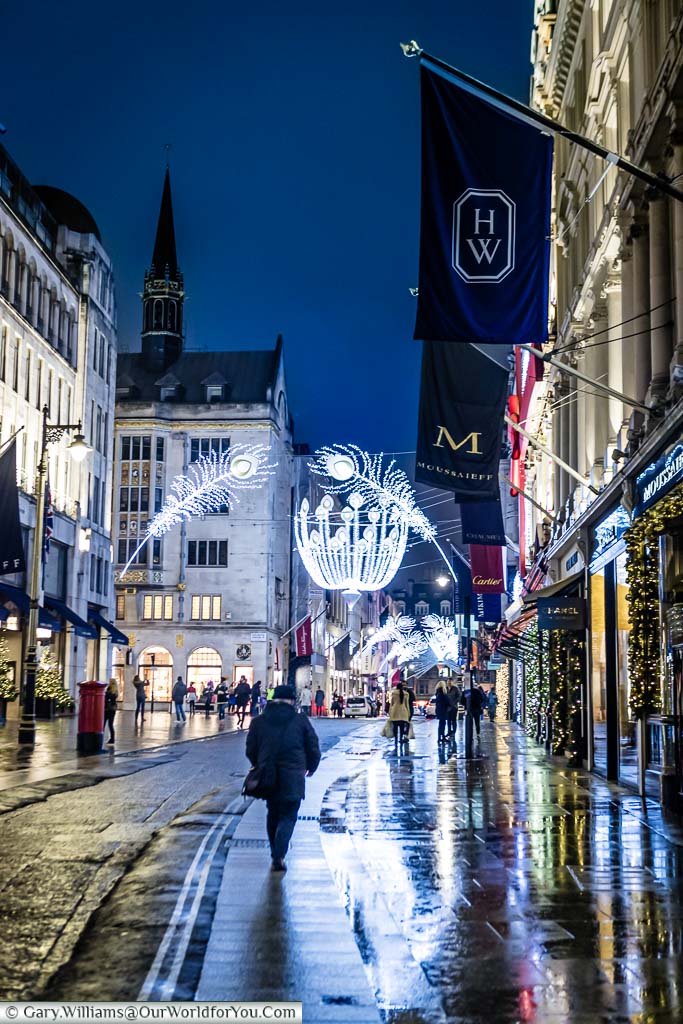 A view along New Bond Street in London decorated for Christmas