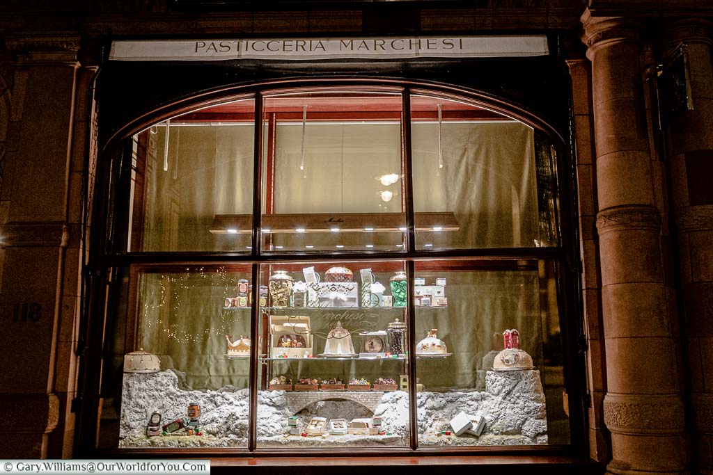 A festive window display from Pasticceria Marchesi, an Italian bakers in London’s Mayfair