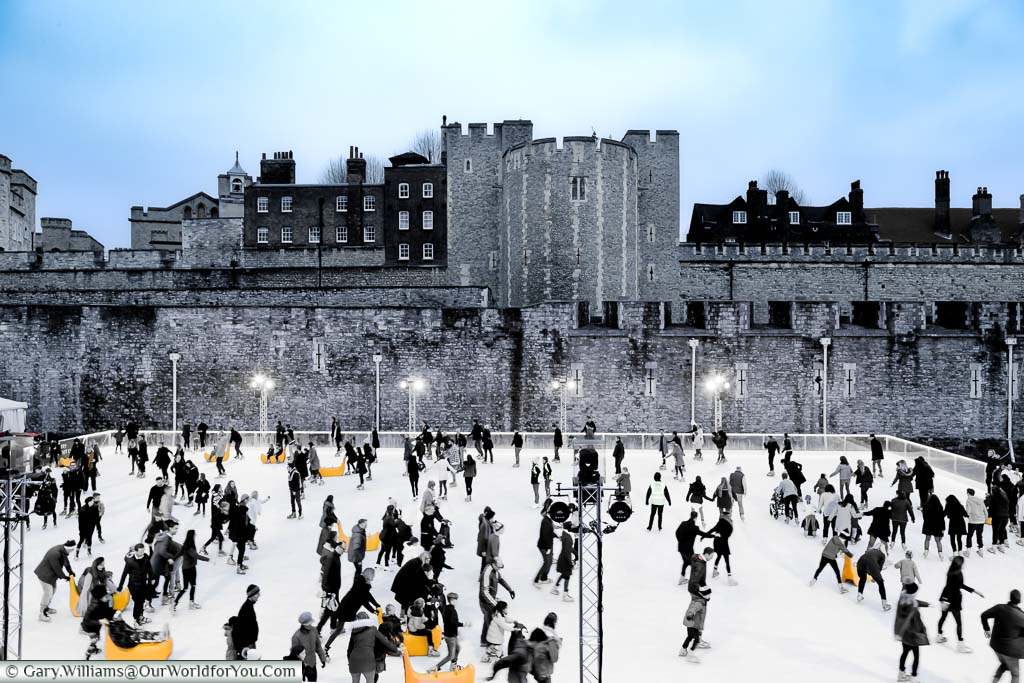 The Tower of London Christmas ice rink in front of the tower's walls