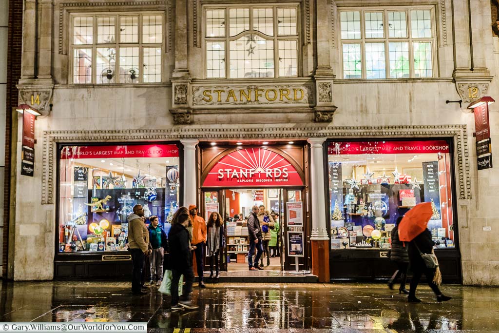 The outside of the Standford's store in central London at Christmas on a wet night