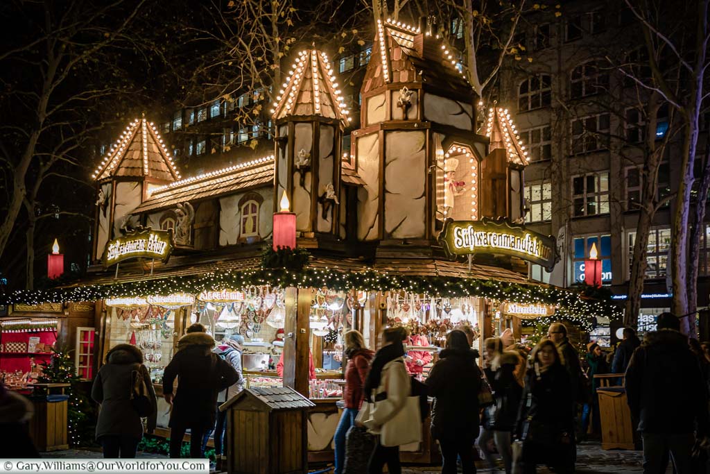 An impressive two-storey decorated food hut in Hamburg's Winterwald Christmas Market