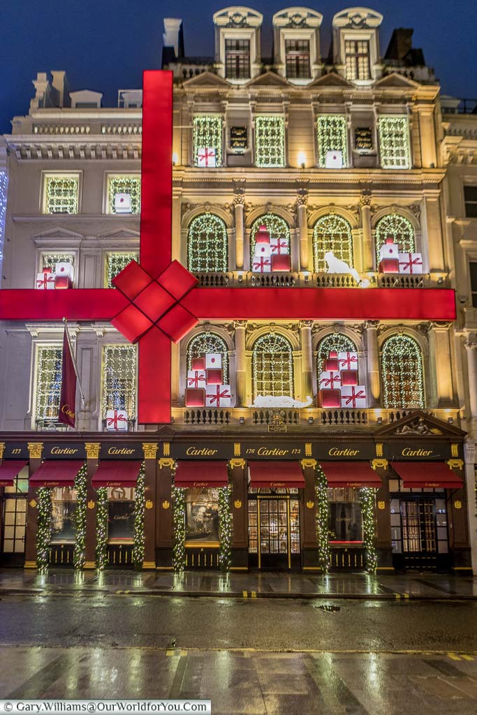 The Cartier store in London's New Bond Street decorated as a brightly lit gift box.