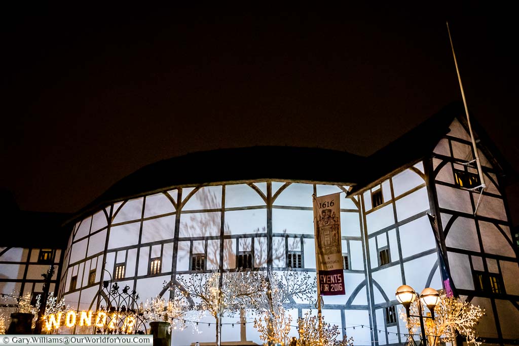 The Globe Theatre on the London's Southbank decorated for Christmas in London