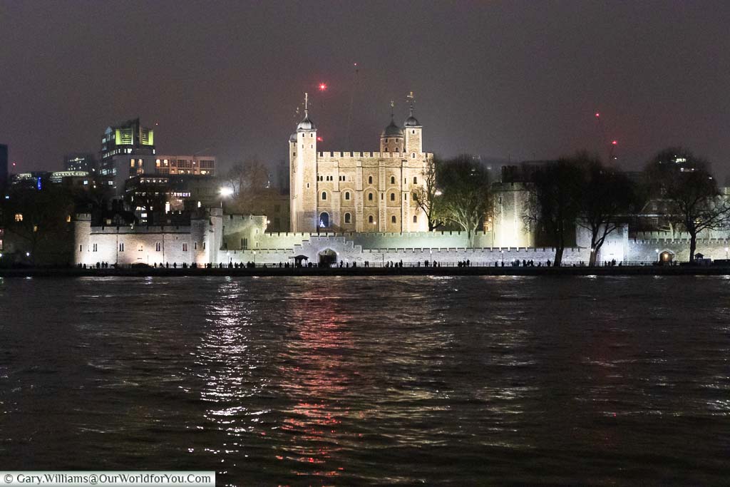 The Tower of London from the south bank of the River Thames at night