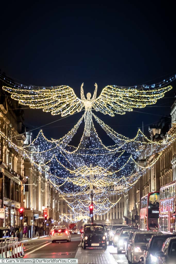 Illuminated Angels, with wings spread out, along London's Regent Street in the run up to Christmas.