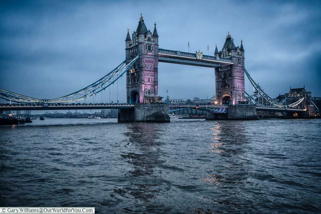 Tower Bridge at dusk lit for Christmas